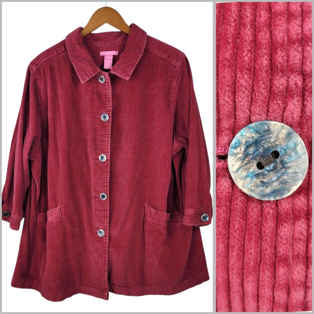Woman Within Corduroy Jacket Plus 2X Shacket Coat Wide Whale Red 3/4 Sleeve